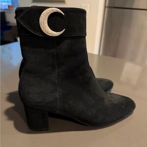 Ozoana Elegant Black Suede Ankle Boots with Moon/ star Accents